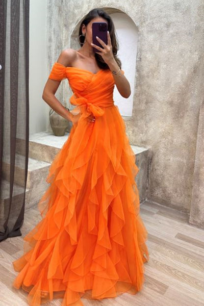 Off Shoulder Fluffy Tulle Long Prom Dresses, High Low Tulle Formal Evening Dresses WT1401