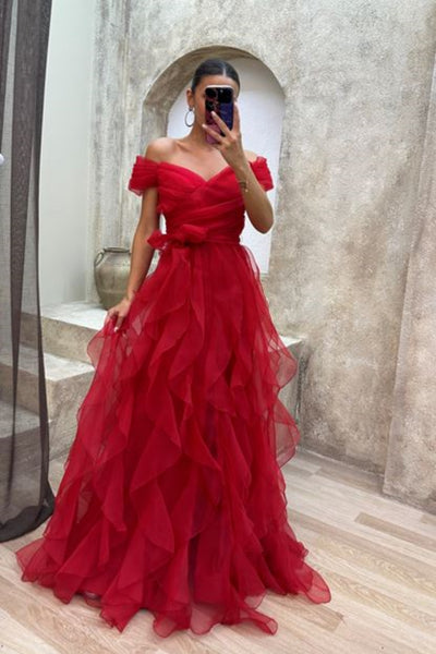 Off Shoulder Fluffy Tulle Long Prom Dresses, High Low Tulle Formal Evening Dresses WT1401