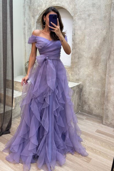 Off Shoulder Fluffy Tulle Long Prom Dresses, High Low Tulle Formal Evening Dresses WT1401