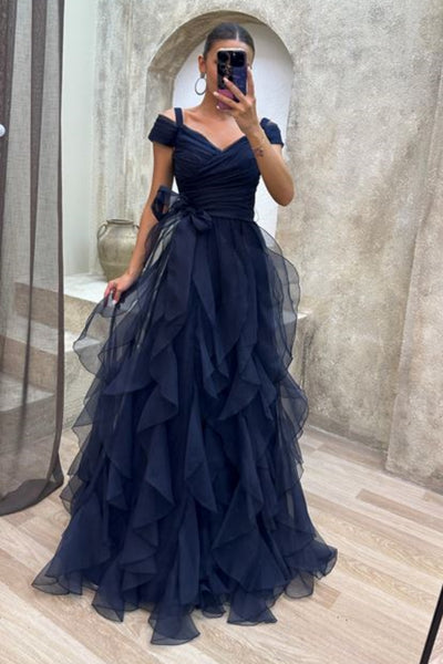 Off Shoulder Fluffy Tulle Long Prom Dresses, High Low Tulle Formal Evening Dresses WT1401