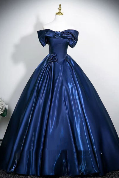Off the Shoulder Blue Satin Long Prom Dresses, Off Shoulder Blue Formal Dresses, Blue Evening Dresses WT1714
