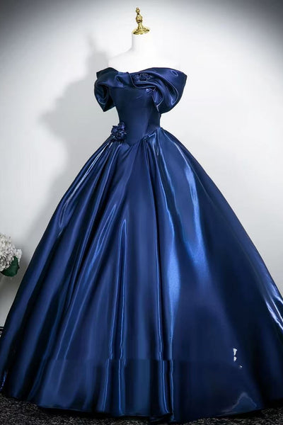 Off the Shoulder Blue Satin Long Prom Dresses, Off Shoulder Blue Formal Dresses, Blue Evening Dresses WT1714