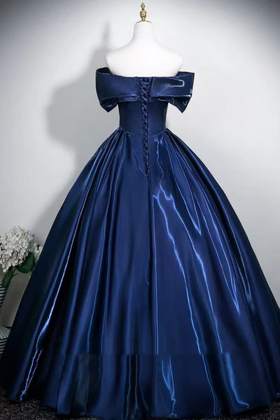 Off the Shoulder Blue Satin Long Prom Dresses, Off Shoulder Blue Formal Dresses, Blue Evening Dresses WT1714