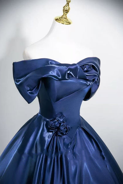 Off the Shoulder Blue Satin Long Prom Dresses, Off Shoulder Blue Formal Dresses, Blue Evening Dresses WT1714