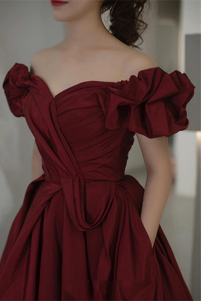 Off the Shoulder Burgundy Satin Long Prom Dresses, Off Shoulder Burgundy Formal Graduation Evening Dresses WT1849