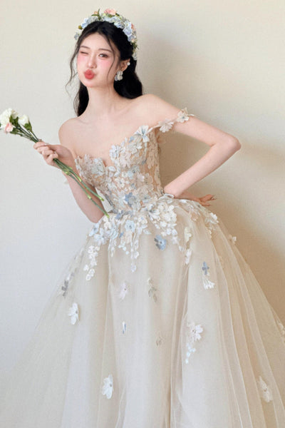 Off the Shoulder Champagne Lace Long Prom Dresses, Champagne Lace Formal Dresses, Off Shoulder Evening Dresses WT1835