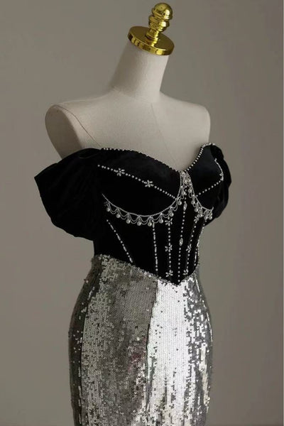 Off the Shoulder Mermaid Silver Gray Sequins Long Prom Dresses, Mermaid Silver Gray Formal Graduation Evening Dresses WT1723