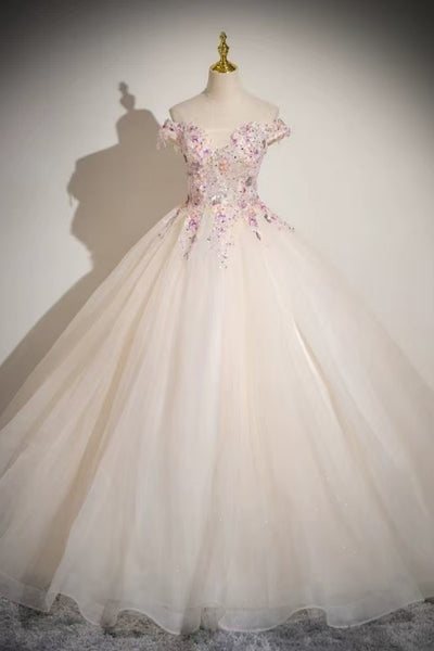 Off the Shoulder Pink Lace Long Prom Dresses, Pink Lace Formal Dresses, Pink Tulle Evening Dresses WT1832