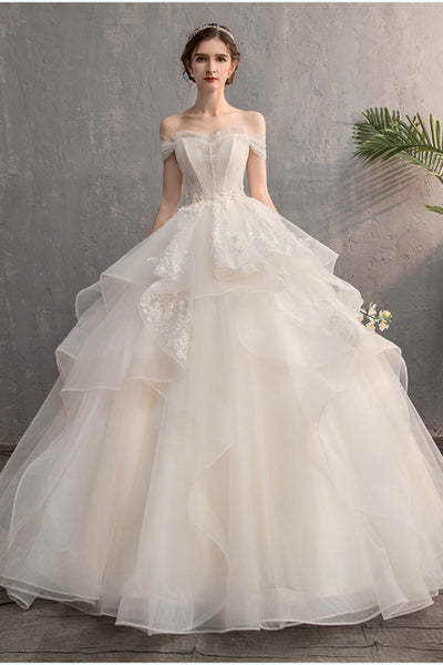 Off the Shoulder White Lace Long Prom Dresses, White Lace Wedding Dresses, Off Shoulder White Formal Evening Dresses WT1837