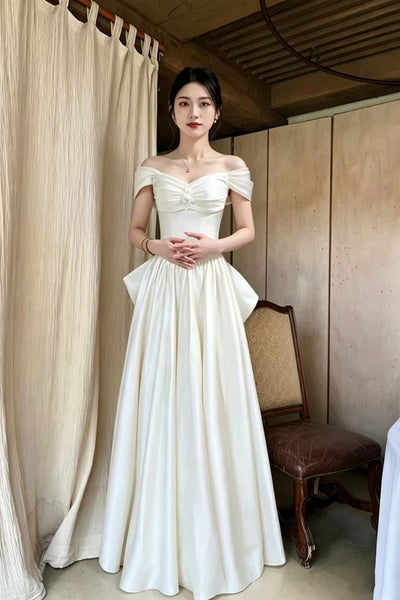 Off the Shoulder White Satin Long Prom Dresses, Off Shoulder Ivory Formal Dresses, White Evening Dresses WT1847