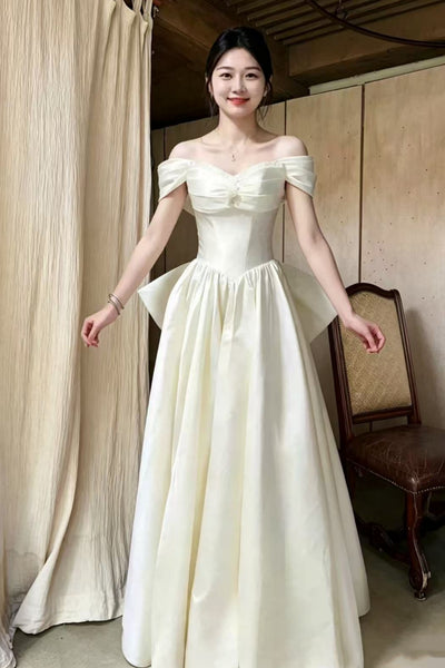 Off the Shoulder White Satin Long Prom Dresses, Off Shoulder Ivory Formal Dresses, White Evening Dresses WT1847