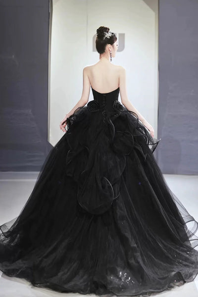 Open Back Strapless Sweetheart Neck Black Long Prom Dresses, Strapless Black Formal Evening Dresses, Black Ball Gown with Train WT1437