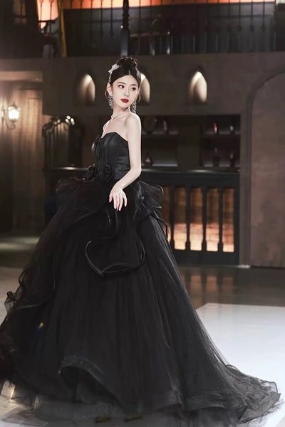 Open Back Strapless Sweetheart Neck Black Long Prom Dresses, Strapless Black Formal Evening Dresses, Black Ball Gown with Train WT1437