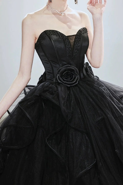 Open Back Strapless Sweetheart Neck Black Long Prom Dresses, Strapless Black Formal Evening Dresses, Black Ball Gown with Train WT1437