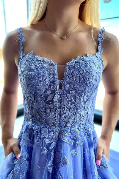 Open Back V Neck Blue Lace Long Prom Dresses with Pocket, Blue Lace Formal Graduation Evening Dresses WT1459