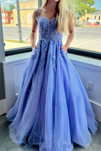 Open Back V Neck Blue Lace Long Prom Dresses with Pocket, Blue Lace Formal Graduation Evening Dresses WT1459