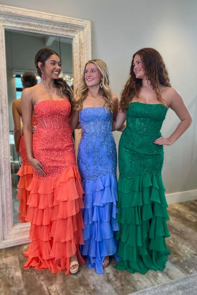 Orange/Blue/Green Mermaid Strapless Lace Long Prom Dresses, Orange/Blue/Green Lace Formal Graduation Evening Dresses