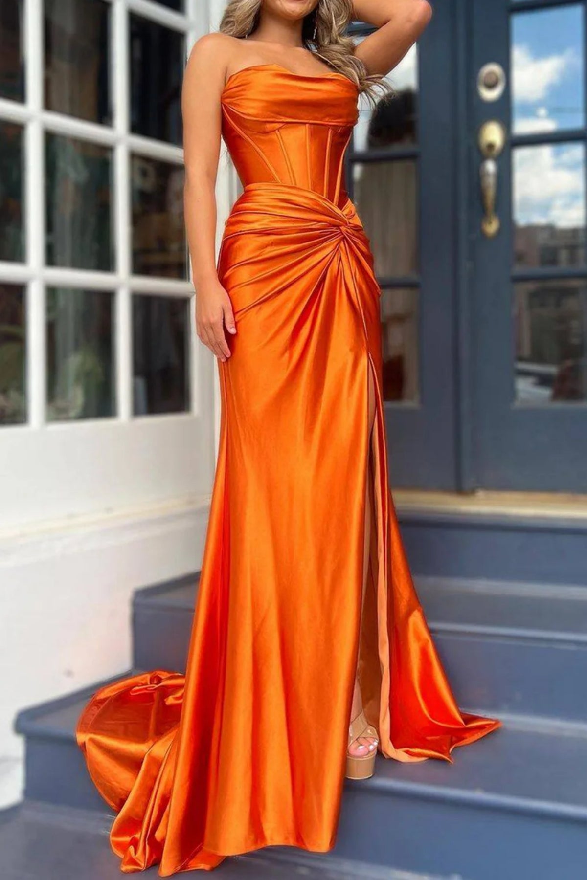 Orange Satin Strapless Mermaid Long Prom Dresses with Train, Mermaid Orange Formal Graduation Evening Dresses WT1350