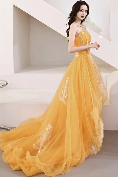 Orange Tulle High Low Strapless Lace Long Prom Dresses, High Low Orange Formal Dresses, Orange Evening Dresses WT1370