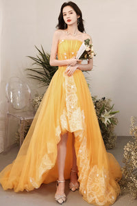 Orange Tulle High Low Strapless Lace Long Prom Dresses, High Low Orange Formal Dresses, Orange Evening Dresses WT1370