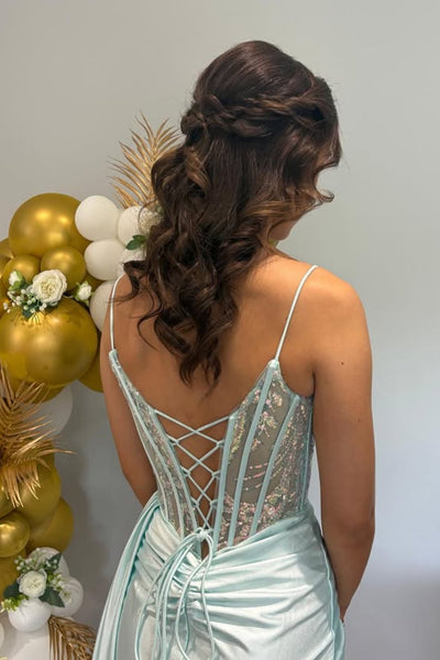 Paleturquoise Satin A Line V Neck Lace Long Prom Dresses with High Slit, Paleturquoise Satin Formal Graduation Evening Dresses WT1782
