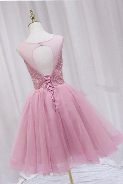 Pink A Line Round Neck Short Prom Dresses with Beadings, Short Pink Homecoming Dresses WT1524