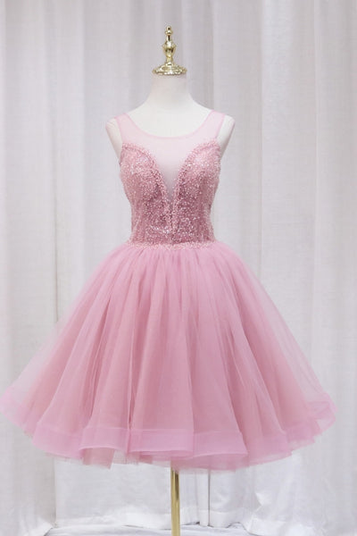 Pink A Line Round Neck Short Prom Dresses with Beadings, Short Pink Homecoming Dresses WT1524