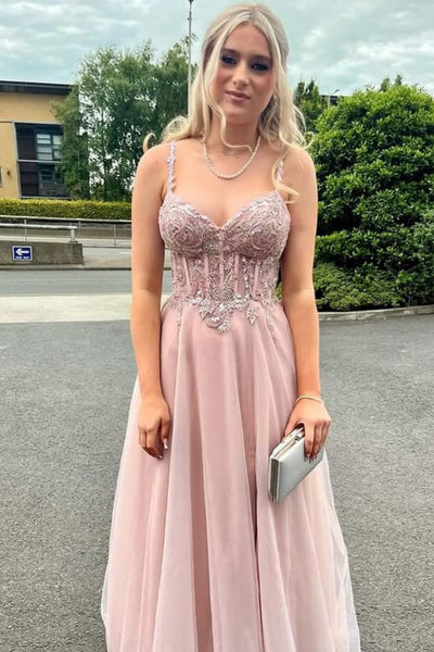 Pink A Line V Neck Lace Long Prom Dresses, Pink Lace Formal Dresses, Pink Tulle Evening Dresses WT1779