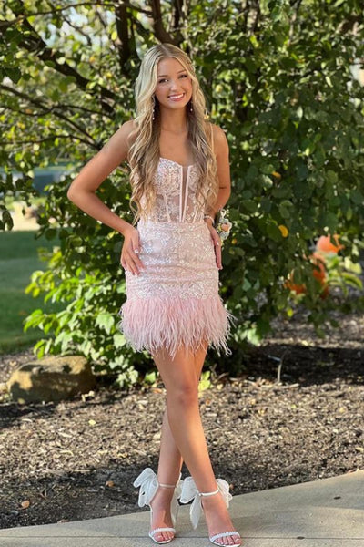 Pink A Line V Neck Lace Short Prom Dresses with Feather, Pink Lace Homecoming Dresses, Pink Formal Evening Dresses WT1511