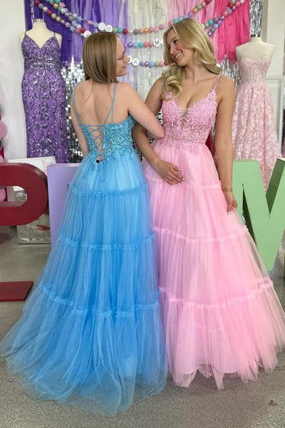 Pink/Blue A Line V Neck Lace Long Prom Dresses, Pink/Blue Lace Formal Dresses, Pink/Blue Evening Dresses WT1478