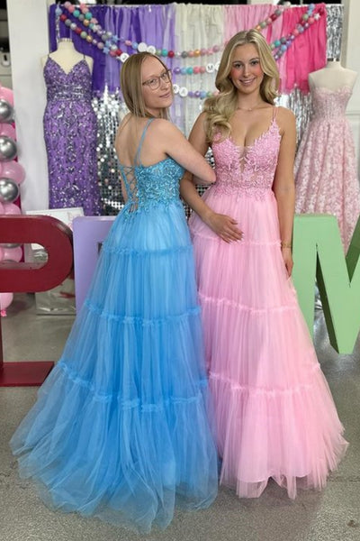 Pink/Blue A Line V Neck Lace Long Prom Dresses, Pink/Blue Lace Formal Dresses, Pink/Blue Evening Dresses WT1478