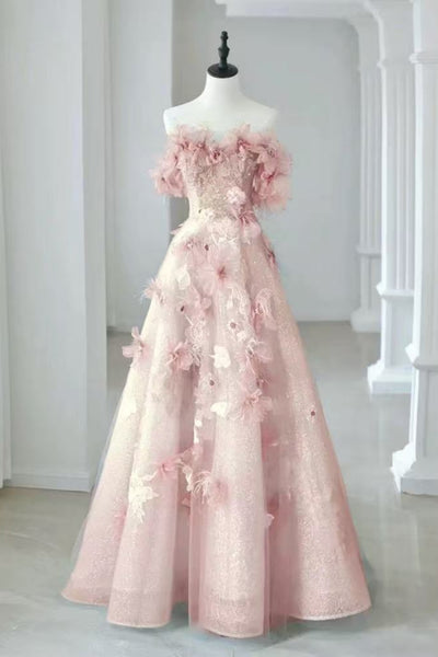 Pink/Blue/Yellow A Line Strapless Lace Floral Long Prom Dresses, Pink/Blue/Yellow Formal Graduation Evening Dresses with 3D Flowers