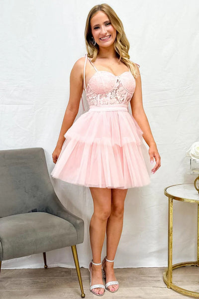 Pink Cute A Line Layered Lace Short Prom Dresses, Pink Lace Homecoming Dresses, Short Pink Formal Graduation Evening Dresses WT1487