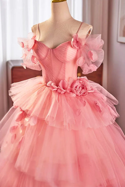 Pink Gorgeous Off Shoulder Layered Floral Long Prom Dresses, Pink Floral Formal Evening Dresses, Pink Ball Gown WT1381