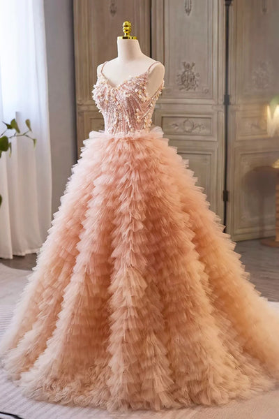 Pink Gorgeous V Neck Beaded Ruffles Long Prom Dresses, Pink Formal Evening Dresses, Princess Ball Gown WT1357