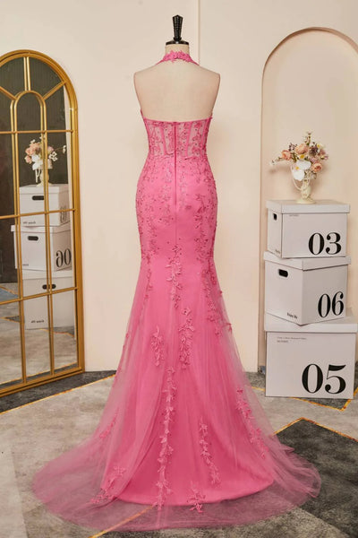 Pink Halter Neck Open Back Mermaid Lace Long Prom Dresses, Mermaid Pink Formal Dresses, Pink Lace Evening Dresses WT1343