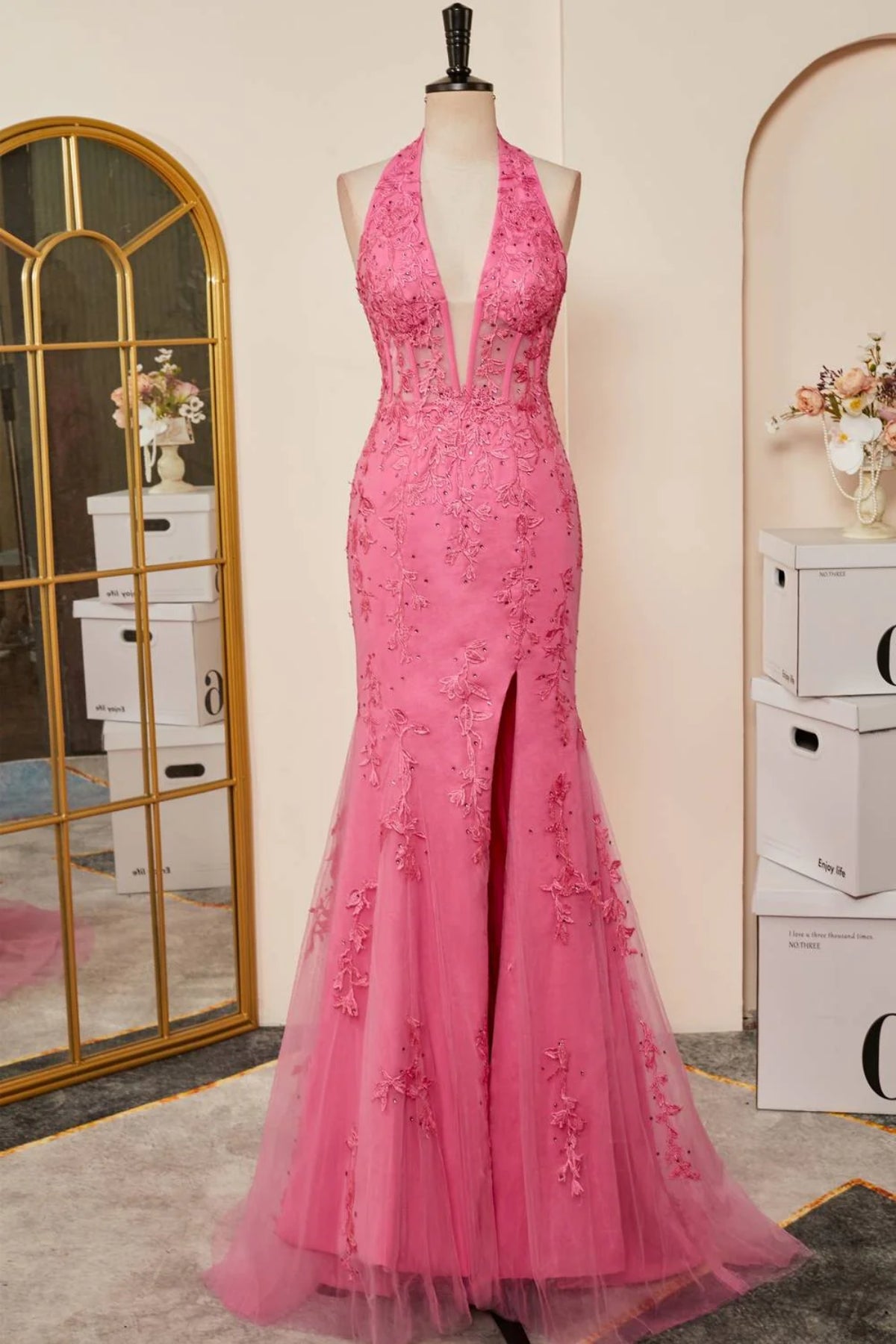 Pink Halter Neck Open Back Mermaid Lace Long Prom Dresses, Mermaid Pink Formal Dresses, Pink Lace Evening Dresses WT1343