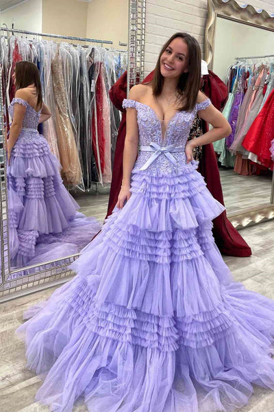 Pink/Lilac/Red Off the Shoulder Layered Lace Long Prom Dresses, Pink/Lilac/Red Lace Formal Evening Dresses WT1602