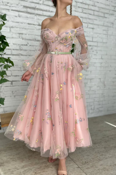 Pink Long Sleeves Off the Shoulder Prom Dresses with Appliques, Pink Floral Formal Graduation Evening Dresses WT1265