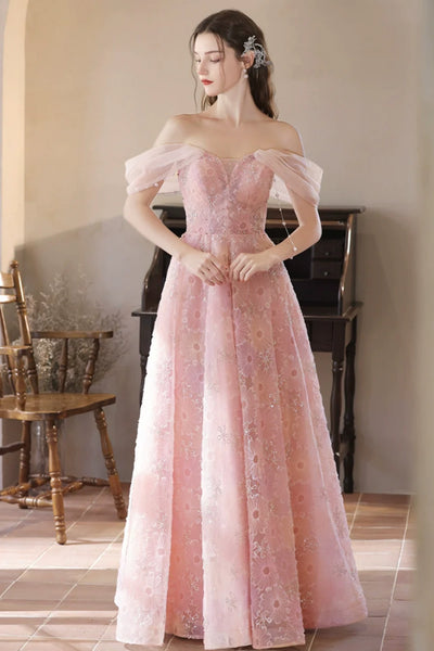 Pink Off Shoulder Lace Floral Long Prom Dresses, Off the Shoulder Pink Formal Dresses, Pink Lace Evening Dresses WT1376