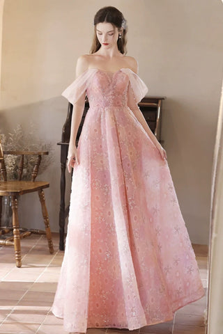 Pink Off Shoulder Lace Floral Long Prom Dresses, Off the Shoulder Pink Formal Dresses, Pink Lace Evening Dresses WT1376