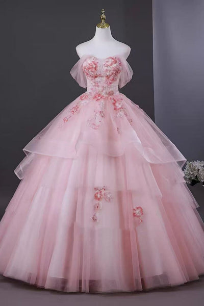 Pink Off the Shoulder Floral Long Prom Dresses, Pink Formal Evening Dresses with Appliques, Pink Ball Gown WT1712