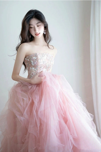 Pink Organza Strapless Pink Lace Floral Long Prom Dresses, Pink Lace Formal Evening Dresses, Pink Ball Gown WT1271