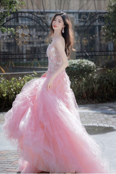 Pink Organza Strapless Pink Lace Floral Long Prom Dresses, Pink Lace Formal Evening Dresses, Pink Ball Gown WT1271