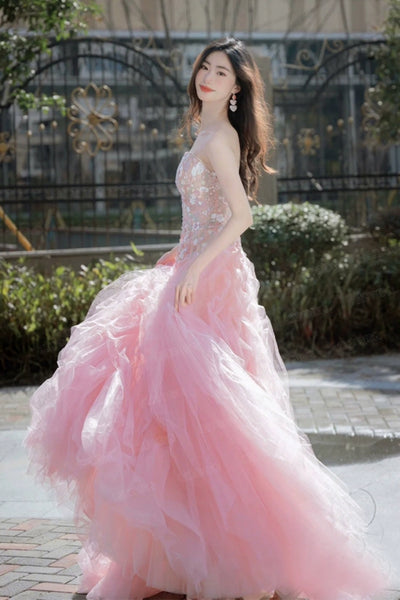 Pink Organza Strapless Pink Lace Floral Long Prom Dresses, Pink Lace Formal Evening Dresses, Pink Ball Gown WT1271