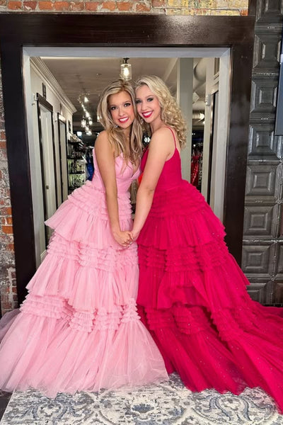 Pink/Red Tulle A Line V Neck Open Back Long Prom Dresses, Long Pink/Red Formal Graduation Evening Dresses WT1808