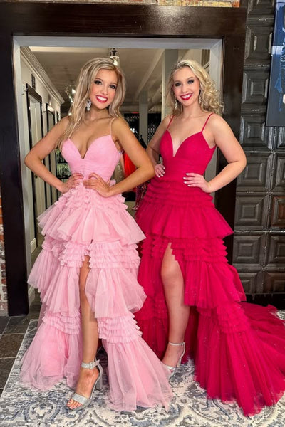 Pink/Red Tulle A Line V Neck Open Back Long Prom Dresses, Long Pink/Red Formal Graduation Evening Dresses WT1808