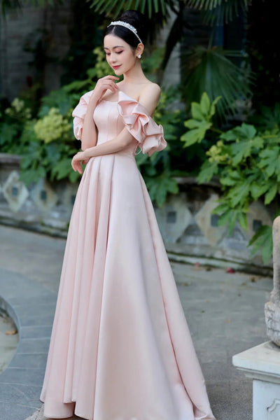 Pink Satin Off Shoulder Long Prom Dresses, Off the Shoulder Formal Dresses, Pink Evening Dresses WT1390