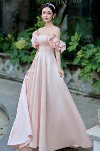 Pink Satin Off Shoulder Long Prom Dresses, Off the Shoulder Formal Dresses, Pink Evening Dresses WT1390