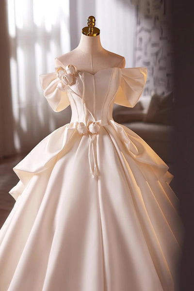 Pink Satin Off the Shoulder Long Prom Dresses with 3D Flowers, Off Shoulder Pink Formal Evening Dresses WT1685